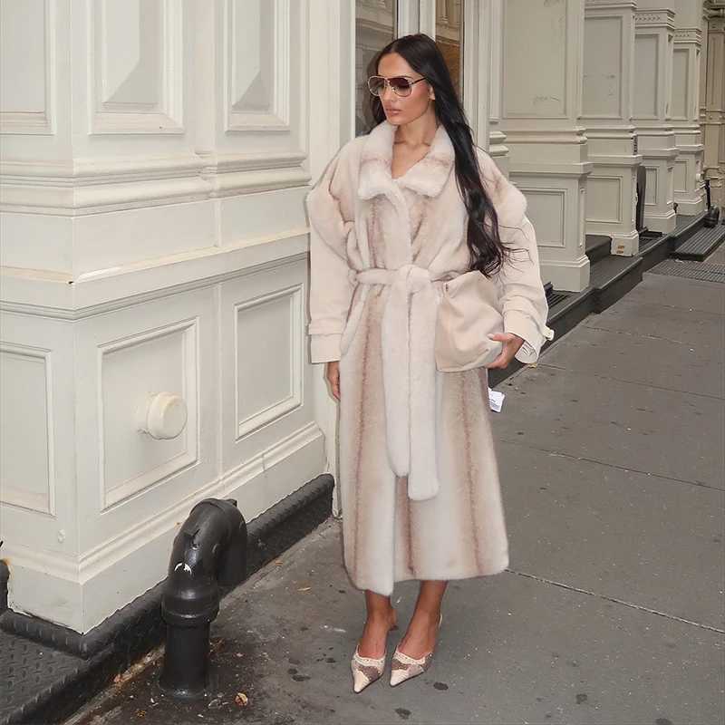 Thicken Womens Winter Coat Luxury Faux Fur Long Jacket with Belt Lapel Short Sleeve Loose Outwear 2025 New Warm Lady CoatsT251201