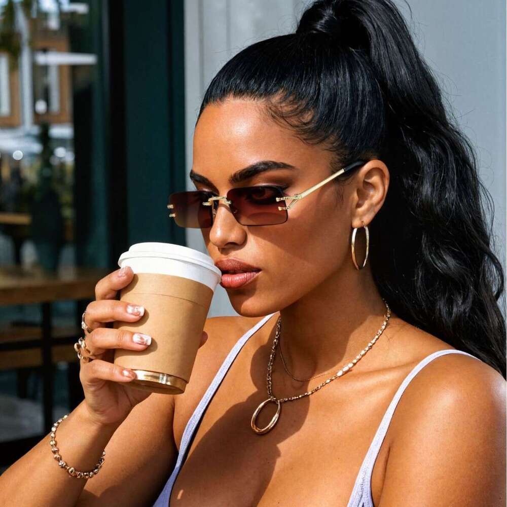 Retro frameless cut edge small square sunglasses for men and women with round faces for slimming, punk style hip-hop bouncing, and disco sunglasses