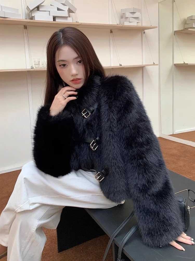 Korean Fashion Black Elegant Belt Button Fall Autumn Winter Warm Furry Coat Imitation Mink Velvet High Street OutwearT251201
