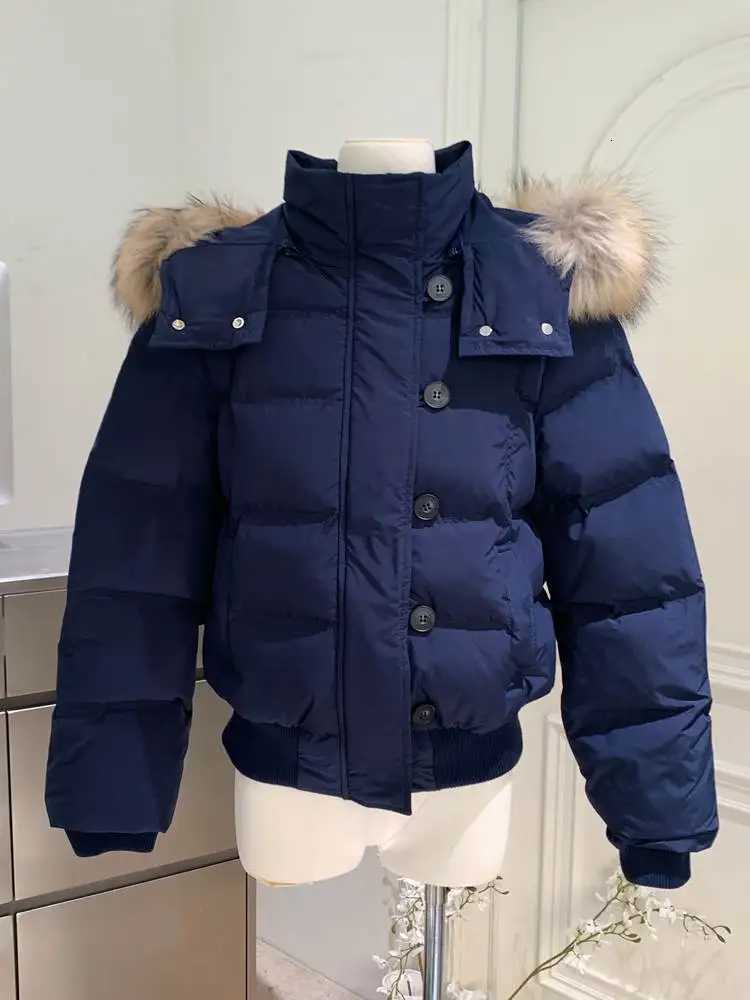 Autumn Winter Fur Hooded Jacket Women Outerwear Thick Dowon Cotton Padded Slim Short Parkas Female Cropped Puffer Bubble CoatT251201