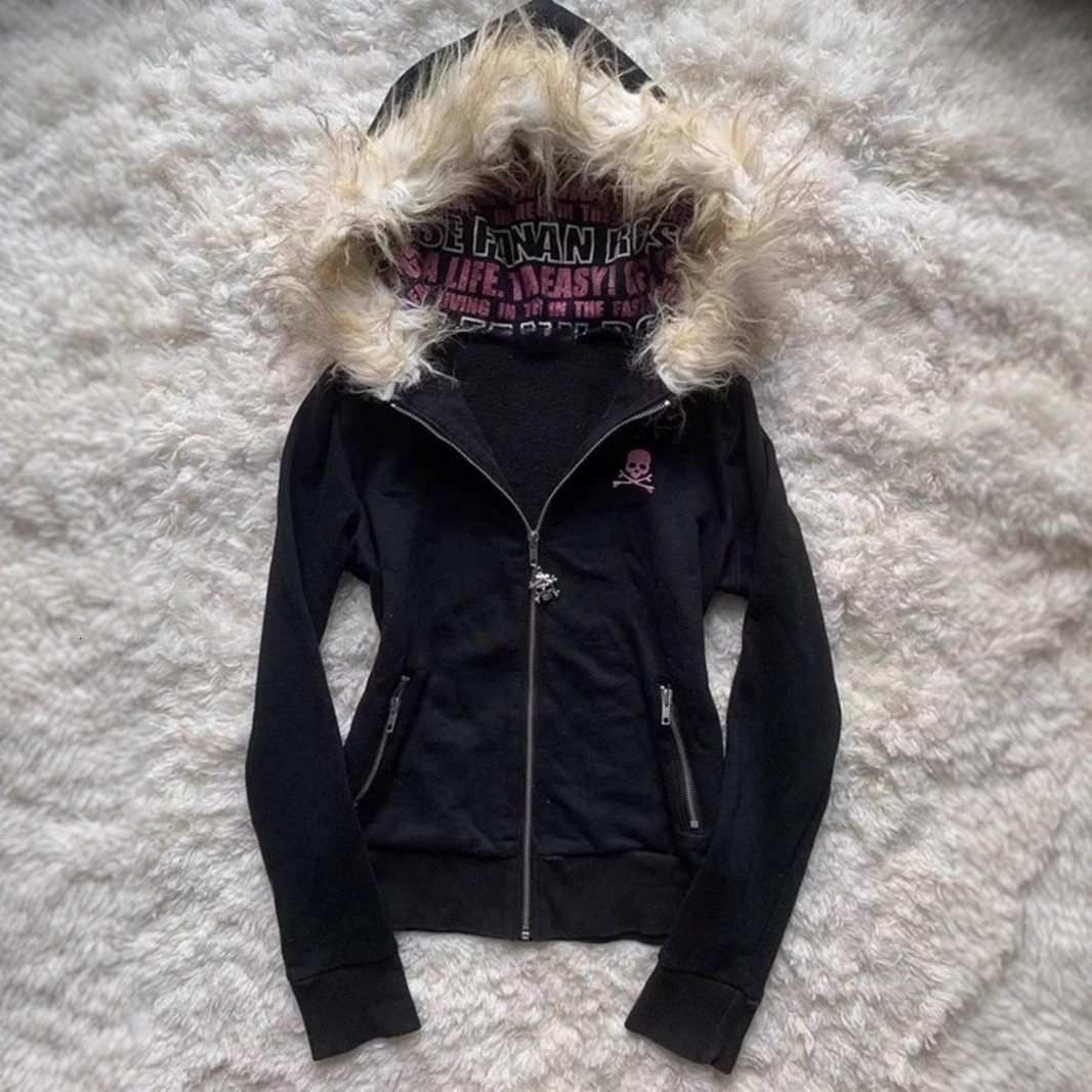 Gothic Style Cardigan Letter Print Hooded Sweatshirt Y2K Zipper Jacket for Women with Furry Collar Design