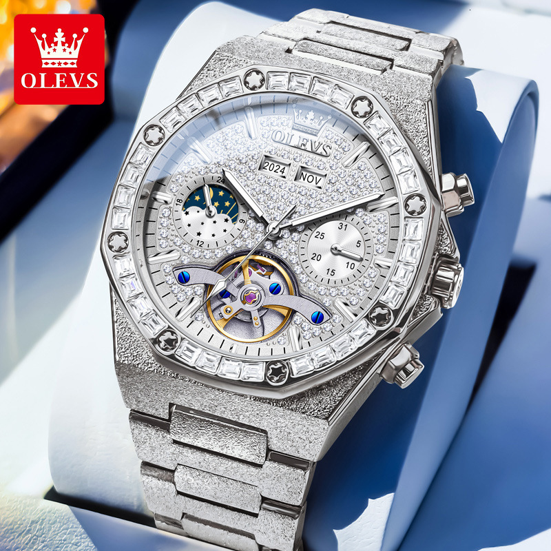 OLEVS Designer Outdoor Men's Business Watch Frosted Steel Band Skeleton Gold Style Mechanical Frame Sports Luxury Multi-functional Mechanical Wat