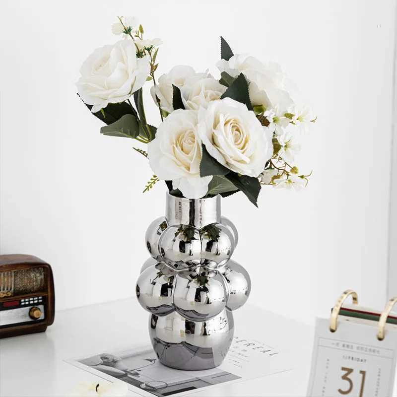 Sliver Bubble Vase Centerpiece Aesthetic Decoration Ceramic Flowerpot Tabletop Wedding Gift Accessories Living Ro as Grass Y251201