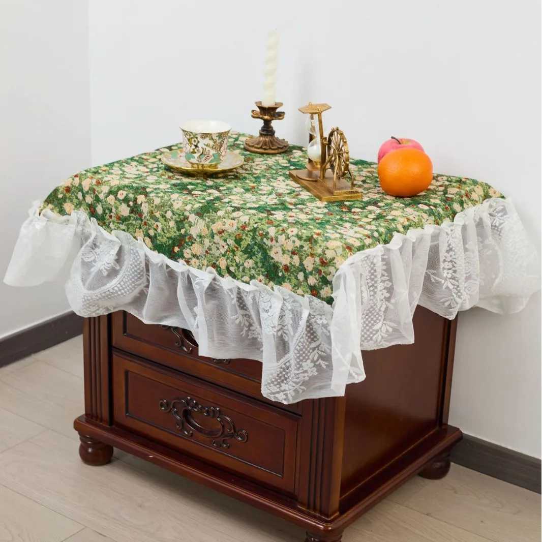 90x90cm Tablecloth Jacquard Green Flower Camping Outdoor Tablecloth Lace Edge Multi-purpose Cover Bedside Table Y251201