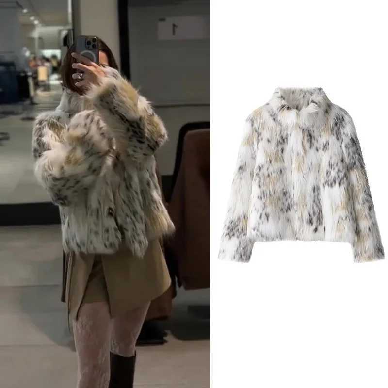 2025 Winter Animal Print Fluffy Faux Fur Coats For Women Chic Thick Warmth Stand Collar Jacket Street Lady Long Sleeve OuterwearT251201