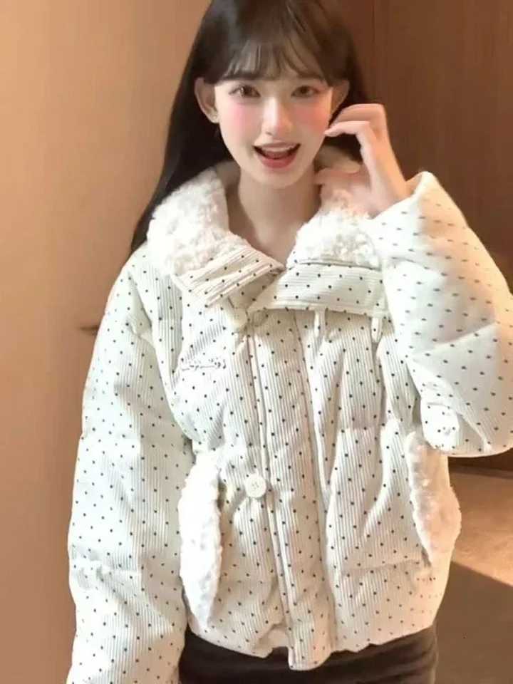 Sweet Polka Dot Parkas Women Winter Loose Casual Thicken Button Patchwork Puffy Coats Korean Fashion Fur Collar Female OutwearT251201