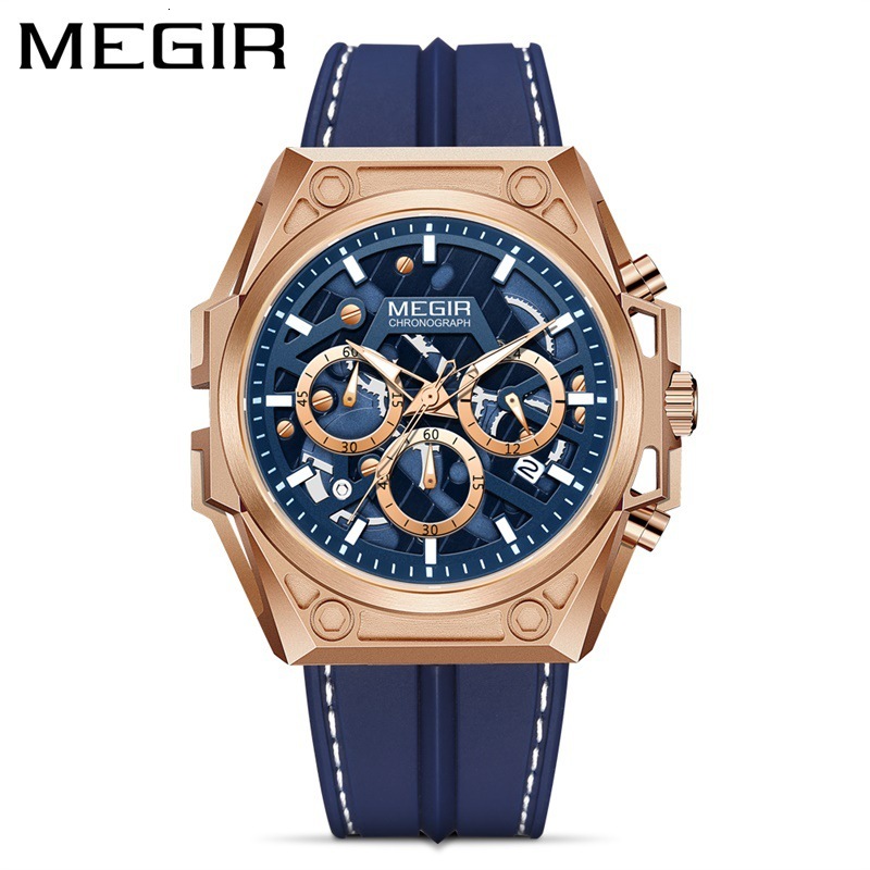 MEGIR Designer Men's Watch Fashion Stainless Steel Night Light Chronograph Skeleton Sports Quartz Watch Silicone Strap 4220 Luxury Business Wrist