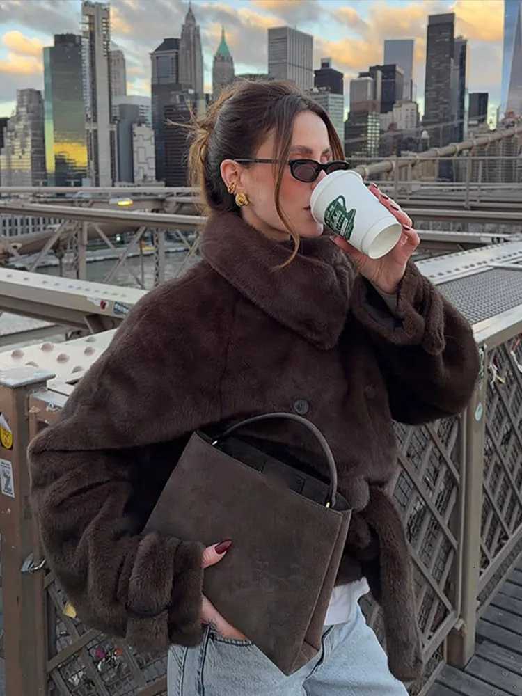 Classic Brown Faux Fur Short Jacket Women Solid Lace-up Full Sleeve Double-breasted Warm Coat Lady Winter Daily Commute Wear NewT251201