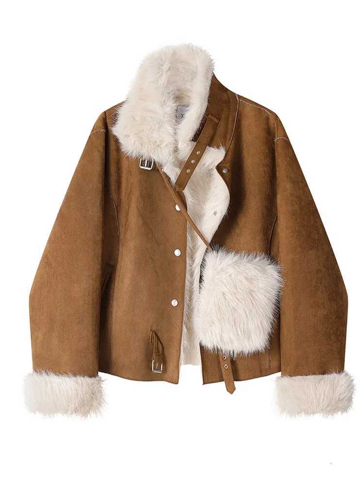 womens Deer Skin Velvet Faux Suede plush coat 2025 autumn winter retro brown Versatile stand neck coats with bag MXE91W1024T251201