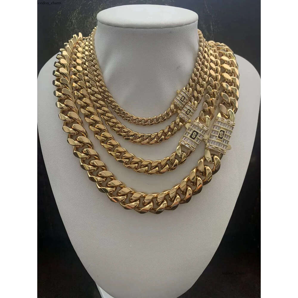 6mm-14mm Hip Hop Stainless Steel Miami Cuban Link Chain 18K Real Gold Plated T Zircon Clasp Mens Necklace Jewelry