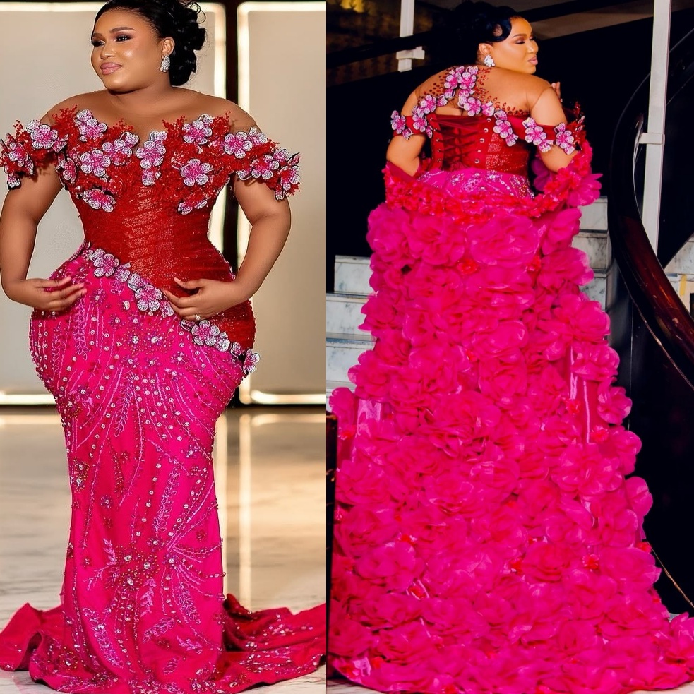 Aso Ebi Fuchsia Mermaid Prom Dresses 2026 Flowers Crystals With A Wrap Evening Formal Party Second Birthday Engagement Gowns Plus Size Dress For Speci
