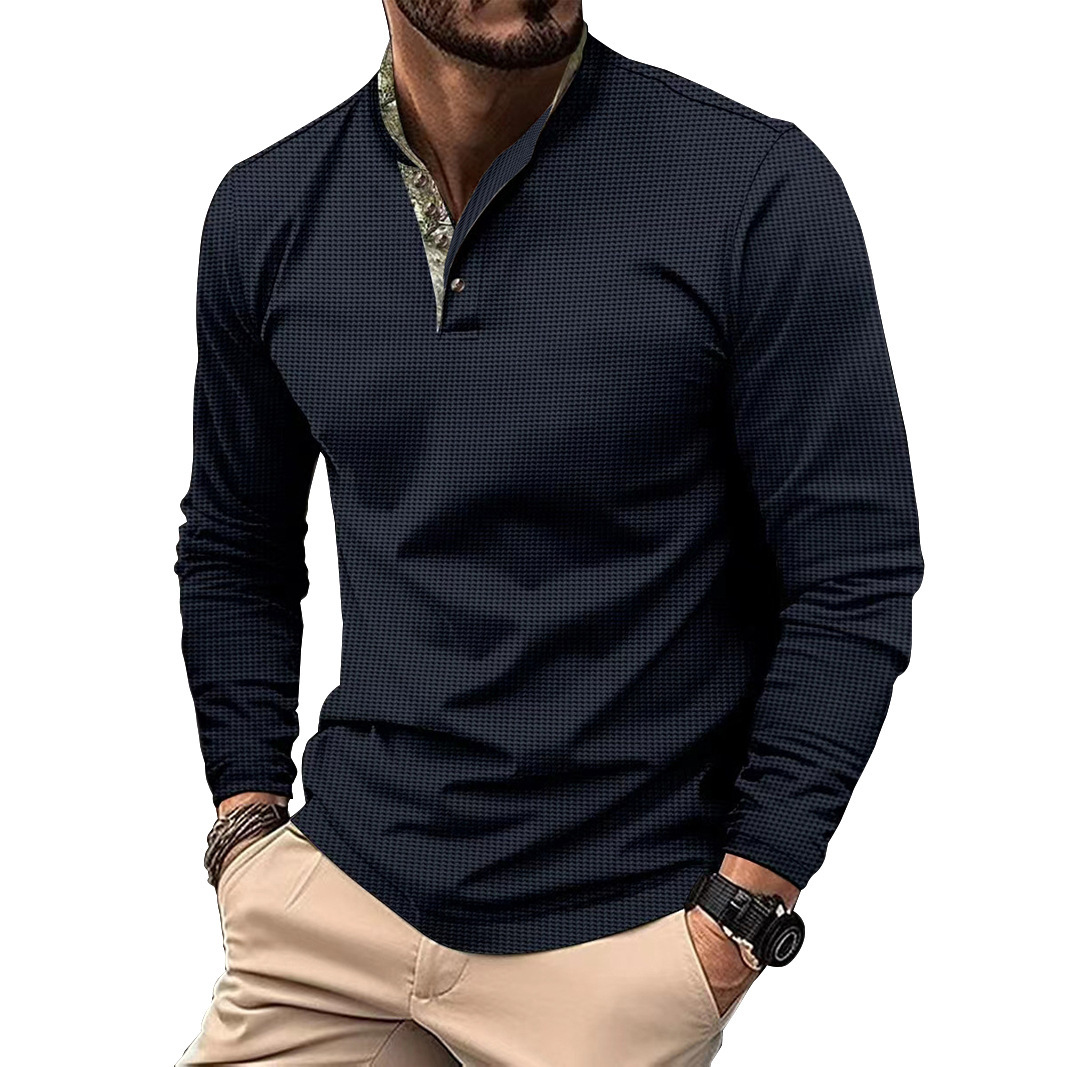 New Mens Waffle Knit Polo Shirt Long Sleeve Spring Autumn Double Layer Stand Collar Casual Men Shirt European size: S-2XL