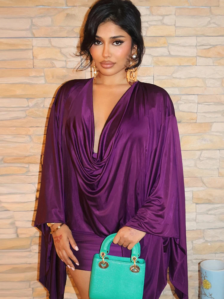 Kliou Sexy Fashion Dress Woman Autumn Style Swing Collar Batwing Sleeve Skinny Peach Hip Midnight Club Party Mini Bodycon 251128