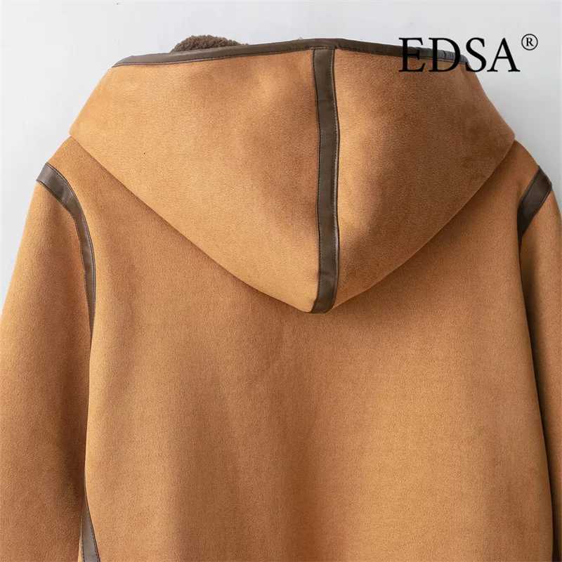 EDSA Women Hooded Faux Fur Jacket Coat Loose Button Lamb Wool Full Sleeve Jacket 2025 Autumn Winter Warm Thicken OutwearT251201