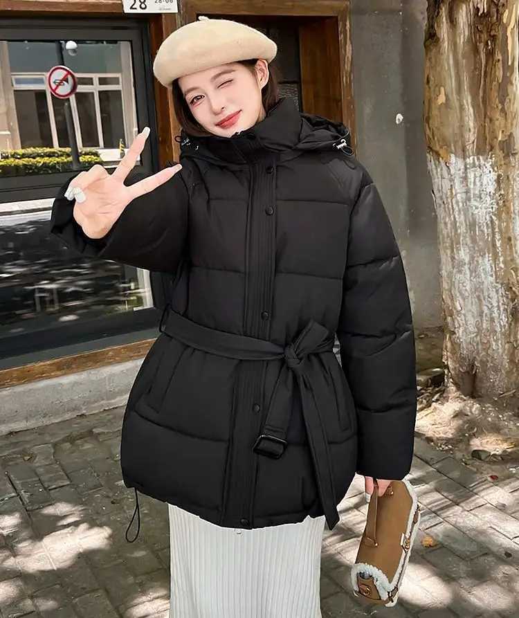 ZAROY Women Winter Hooded Coats Casual Sashes Cotton Parkas Solid Warm All-match Pocket Belted Jacket Outerwears T251201