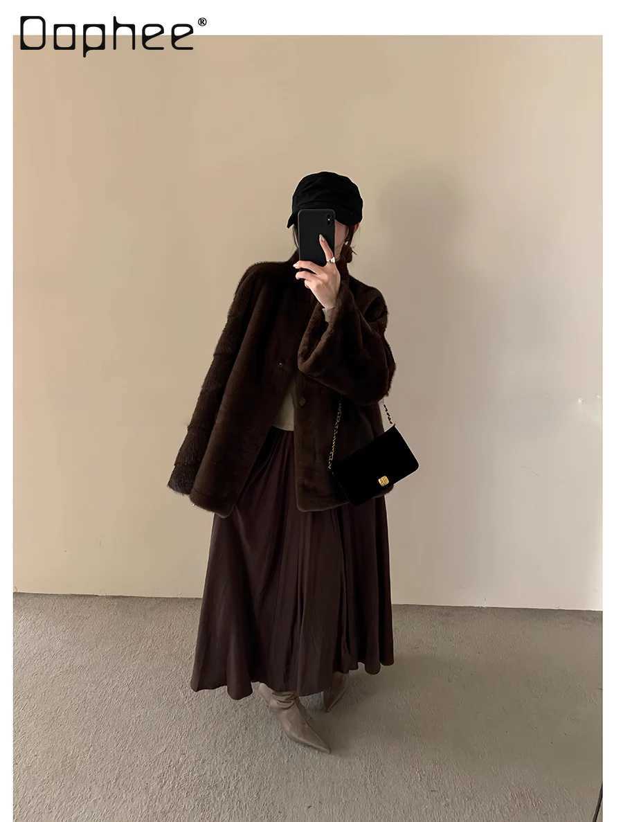 Elegant Stand Collar Eco-Friendly Fur Plush Coat Winter Korean Ins Trend Imitation Mink Fur Sheepskin Thickened Mid-Length CoatT251201