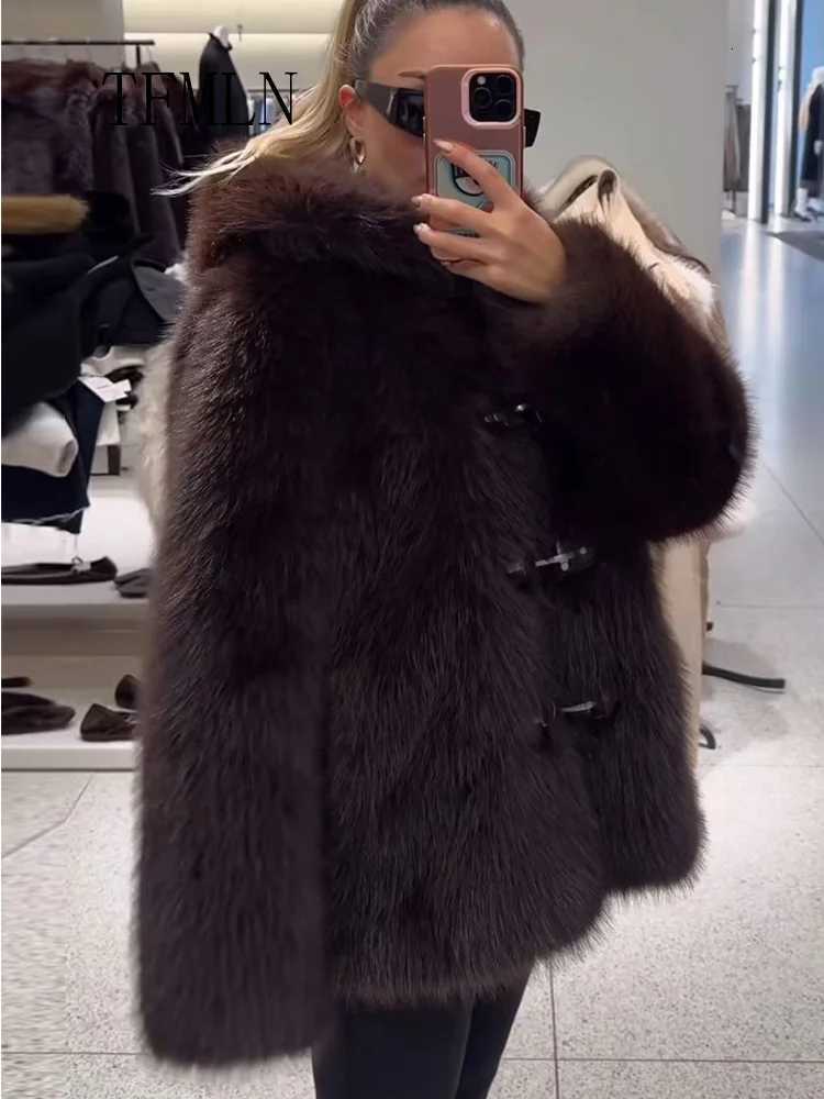 TFMLN Women Hooded Faux Fur Jackets 2025 Autumn Winter Fashion Thick Warm Causal Coats Chic Luxury Girls Furry Loose OutwearT251201