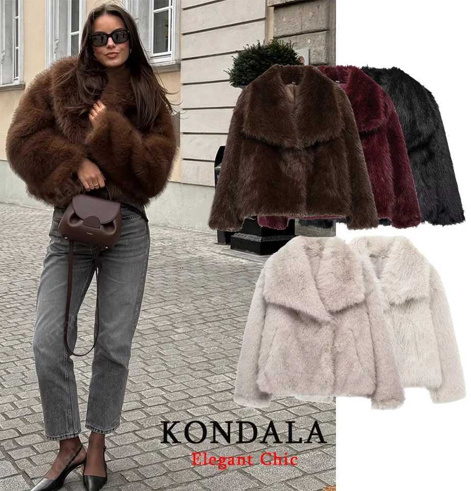 KONDALA Elegant Fur Coat Women Fall Winter Fashion Warm Faux Fur Brown Coat 2025 New Fashion Vintage Casual Female Jacket CoatT251201