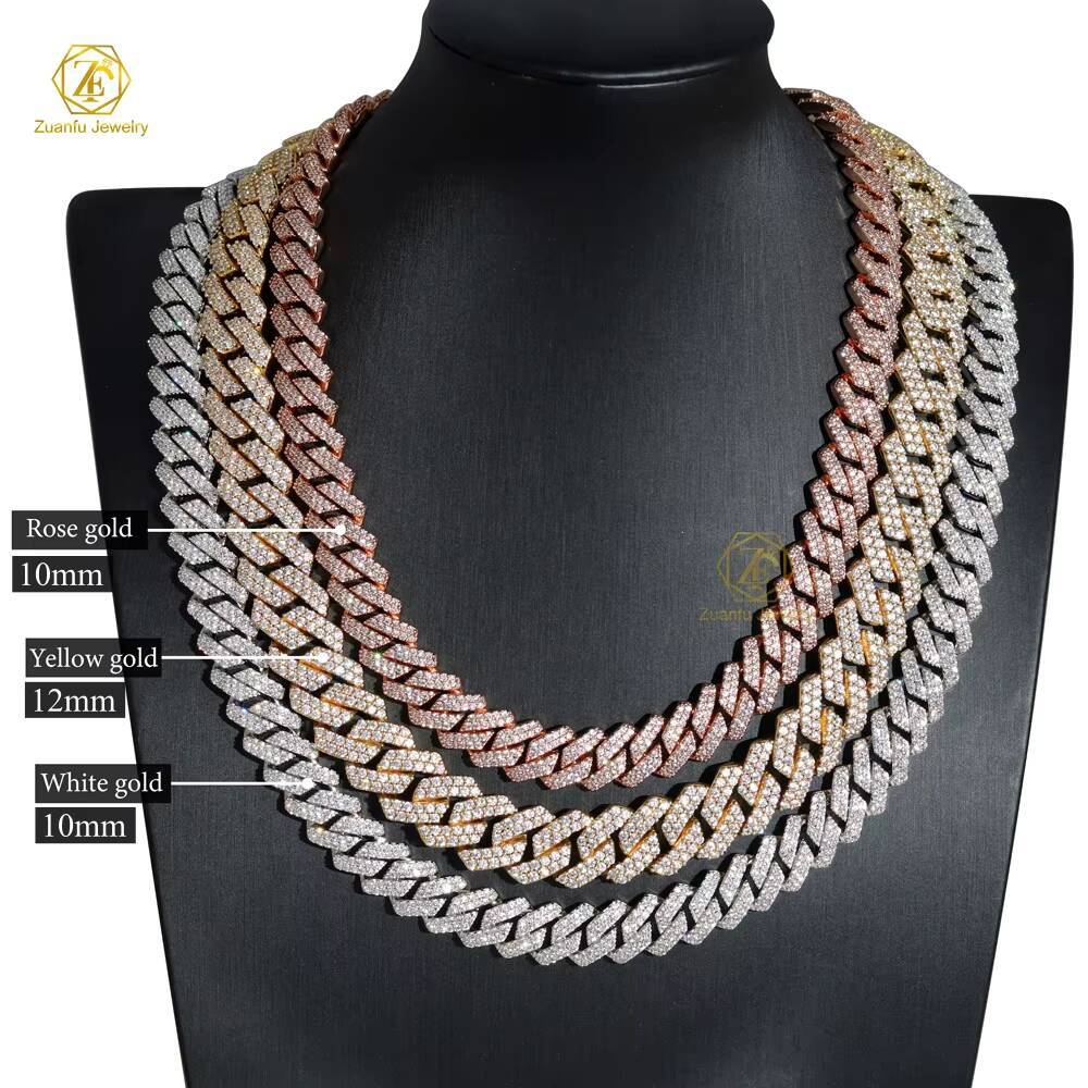 8mm 10mm 12mm Moissanite Cuban Necklace Shiny D Moissanite 2 Rows 16in 18in 20in 22in 24in Hip Hop Men Chain with GRA