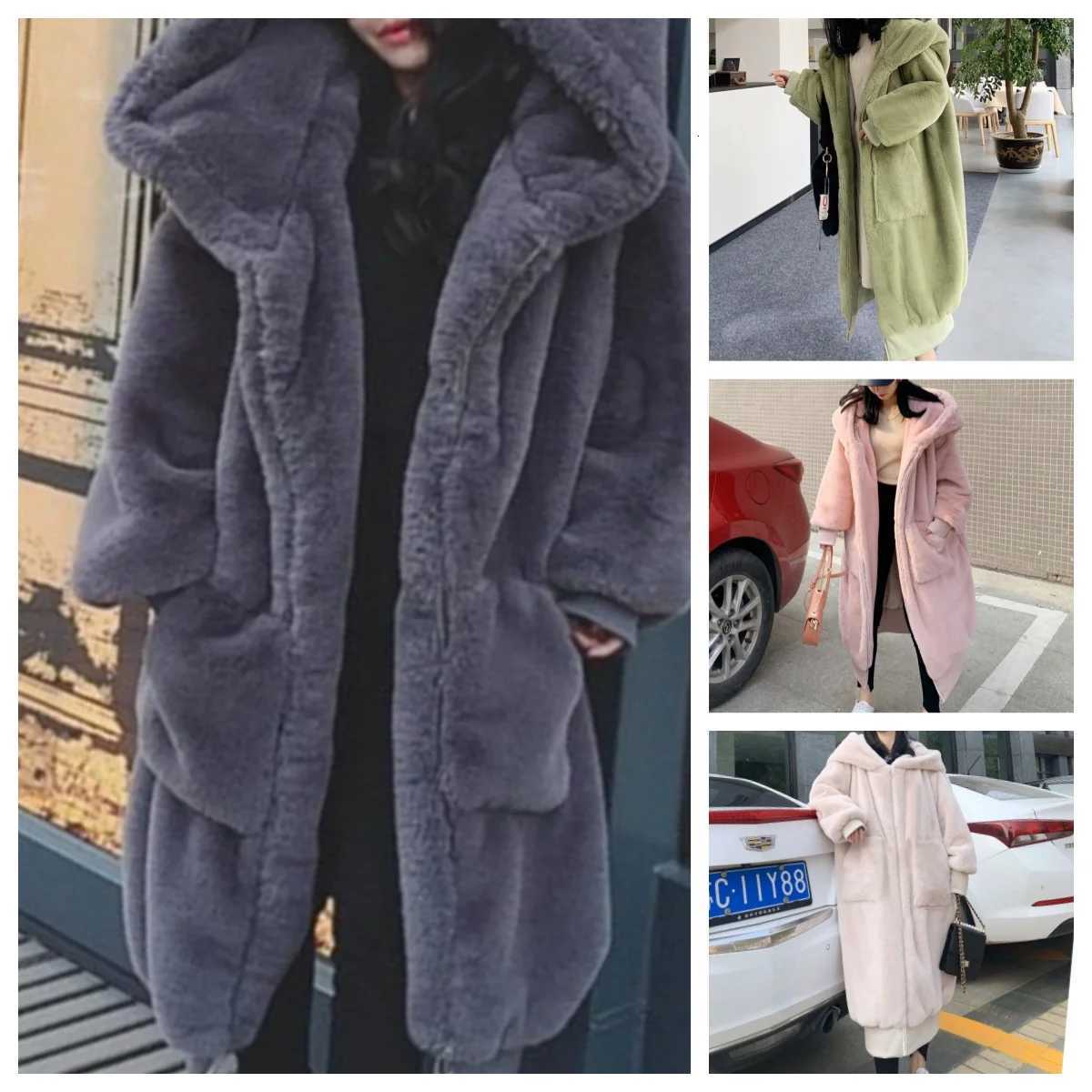 New Hooded Long Warm Thickened Jacket Trend Faux Rabbit Fur Coat Winter Casual Plush High-quality Outerwears TopT251201