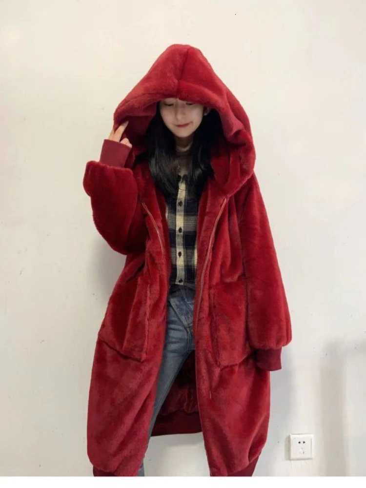 New Hooded Long Warm Thickened Jacket Trend Faux Rabbit Fur Coat Winter Casual Plush High-quality Outerwears TopT251201