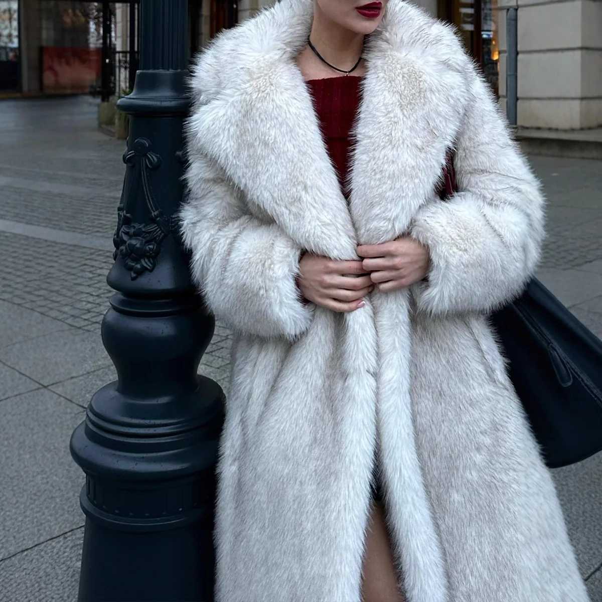 Long Coats Women Faux Fur Jackets Turn Down Collar Coat Thick Warm Y2k Streetwear Jacket Elegant Work Outerwear Autumn WinterT251201