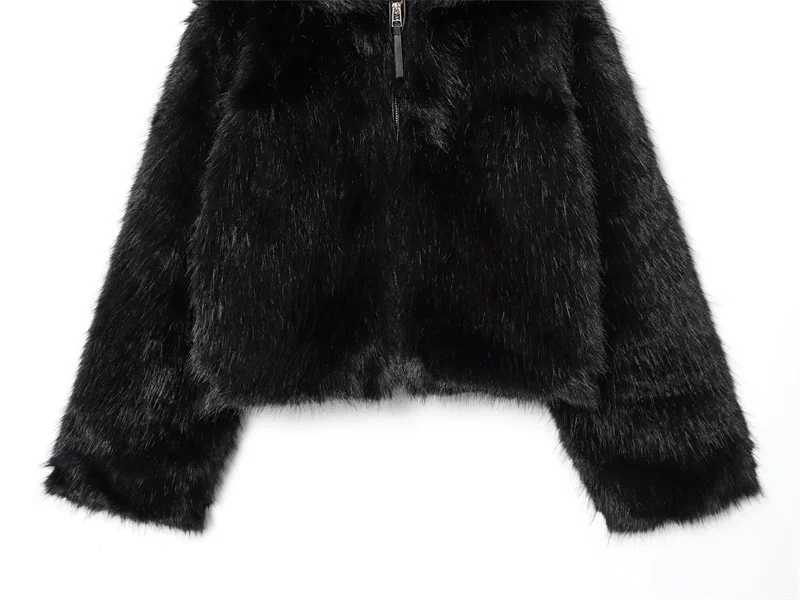 Womens Jacket 2025 Autumn/Winter New Style Black Long-Sleeve Faux Fur Hooded Jacket Fashionable and WarmT251201