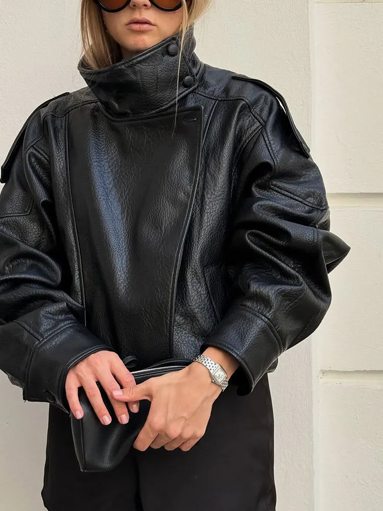 HH Street Fashion Asymmetric Leather Jacket For Women Long Sleeves Zipper With Pockets Turtleneck Autumn Retro Loose Coats 251103