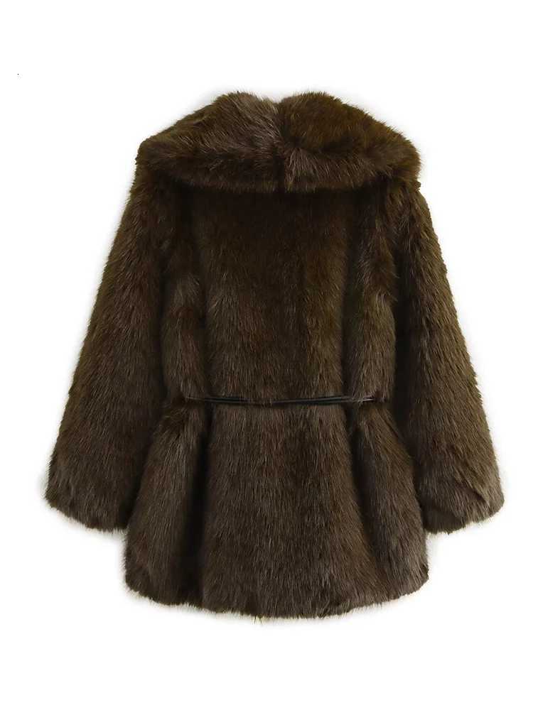 TFMLN Women Winter Luxury Faux Fur Coats With Belt Vintage Lapel Long Sleeves Loose Jacket Fashion Thicken Warm Lady OutwearsT251201