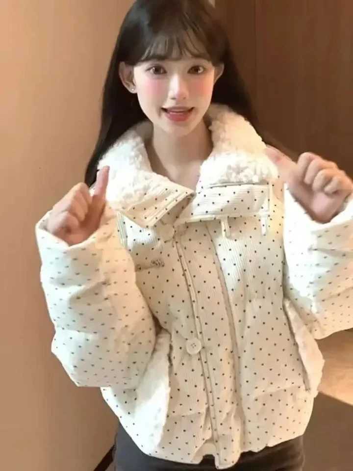 Sweet Polka Dot Parkas Women Winter Loose Casual Thicken Button Patchwork Puffy Coats Korean Fashion Fur Collar Female OutwearT251201