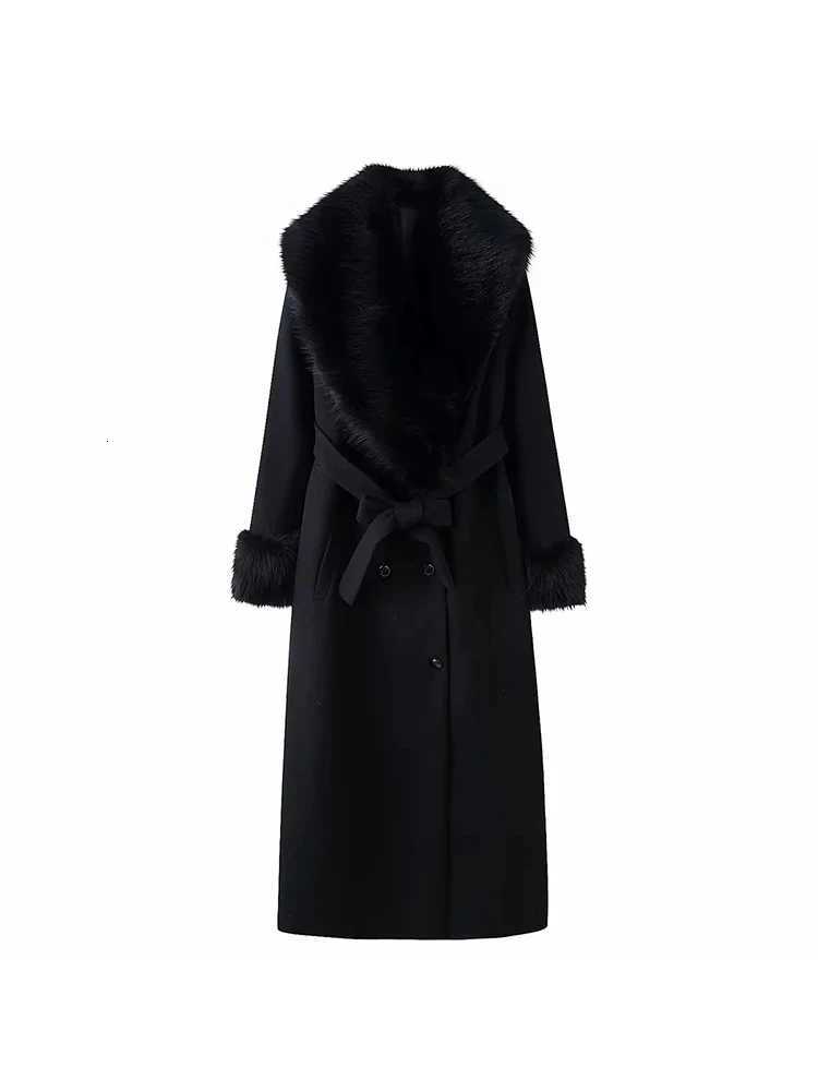 Women New Slim Black Faux Fur Woolen Patchwork Women Long Coat Chic Belt Full Sleeve Button Female Outwea CoatsT251201