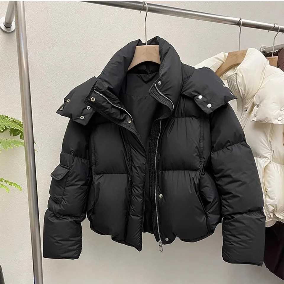 2025 Winter Thick Cotton Jacket Short Womens Fashion Loose Solid Color Breadms Warm Hooded CoatT251201