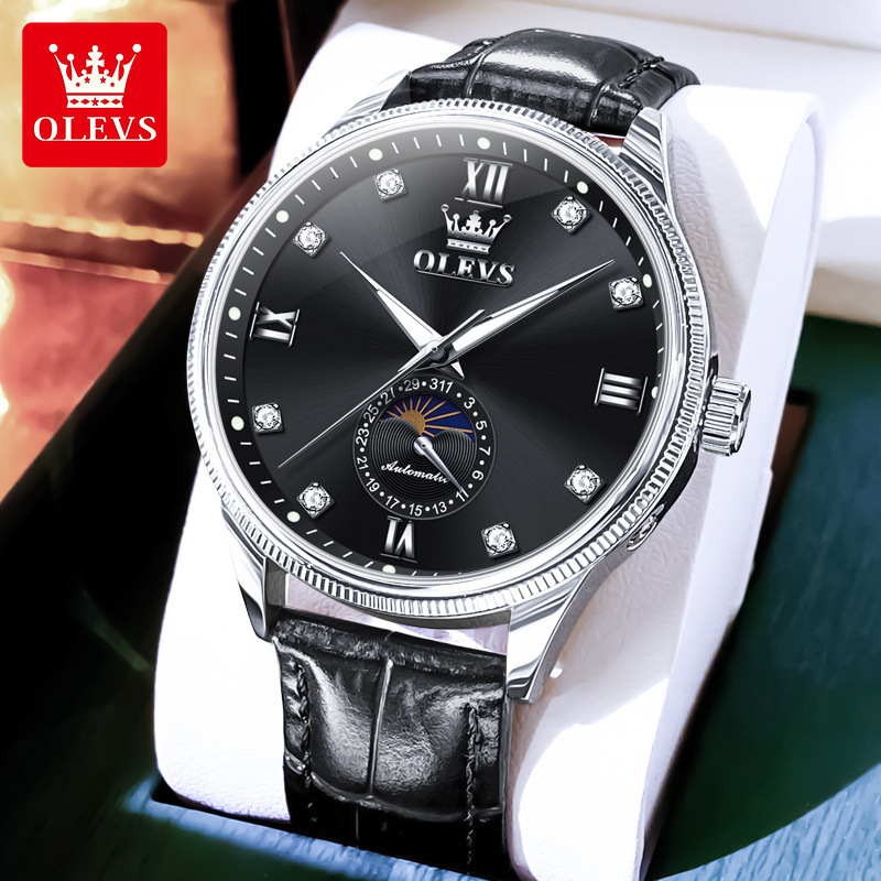 OLEVS Designer Luxury Men's Brand Business Diamond Watch Fully Automatic Mechanical Sun Moon Star Night Light Waterproof Watch Classic Versatile 