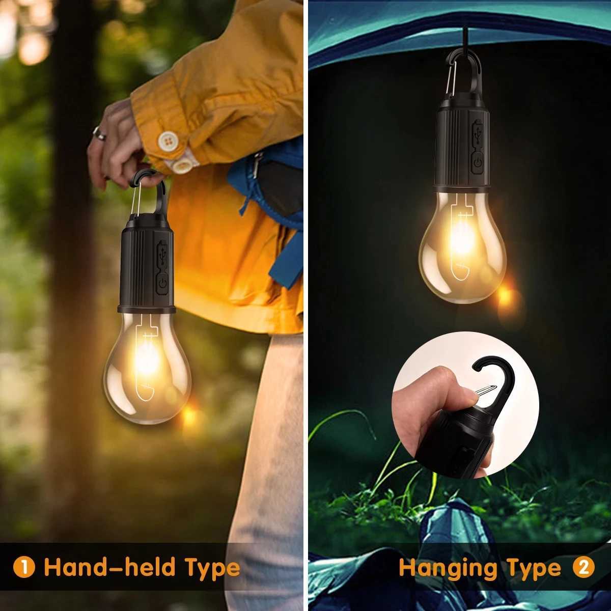 LED Camping Lights USB Rechargeable 3 Lighting Modes Dimmable Vintage Light Bulbs with Hook Outdoor Camping Hiking Tent Lantern M251201