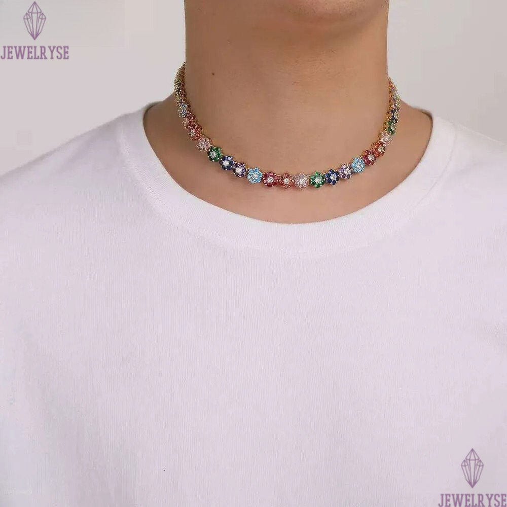 Hip-Hop tennis Sterling Sier VVS Moissanite dia cluster iced out cuban chain for men women colorful floral bracelet necklace