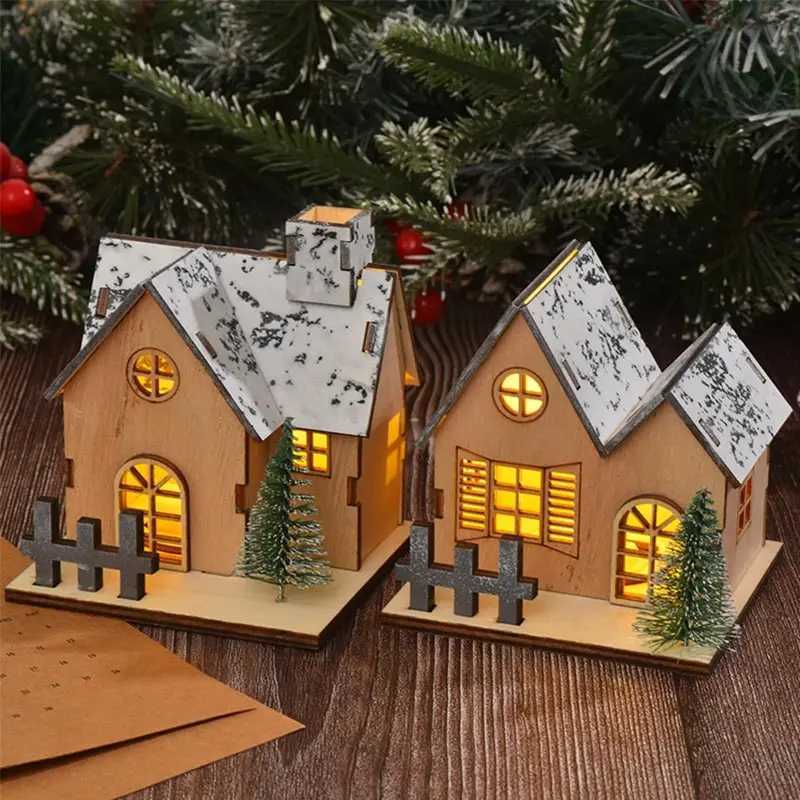 LED Wooden Christmas House Village Unfinished Xmas Snow House DIY Wood Cht Tree Ornaments Christmas Table Centerpieces H251129
