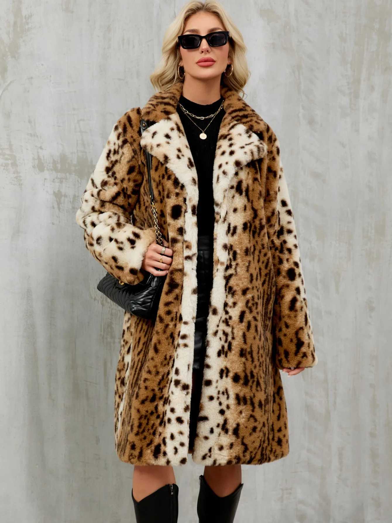 Faux Fur Women Coats Leopard Long Jackets Turn Down Collar Full Sleeves Single Breasted Straight Fit Casual Autumn Winter 2025T251201