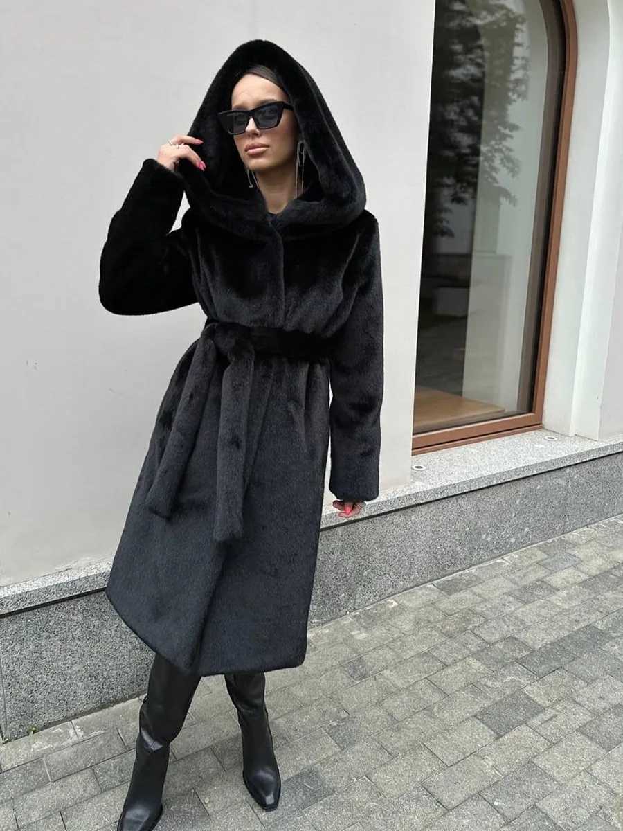 Women Faux Fur Long Coats Hooded Overcoats Lace Up Full Sleeves Open Stitch Thick Loose Jackets Elegant 2025 Autumn WinterT251201
