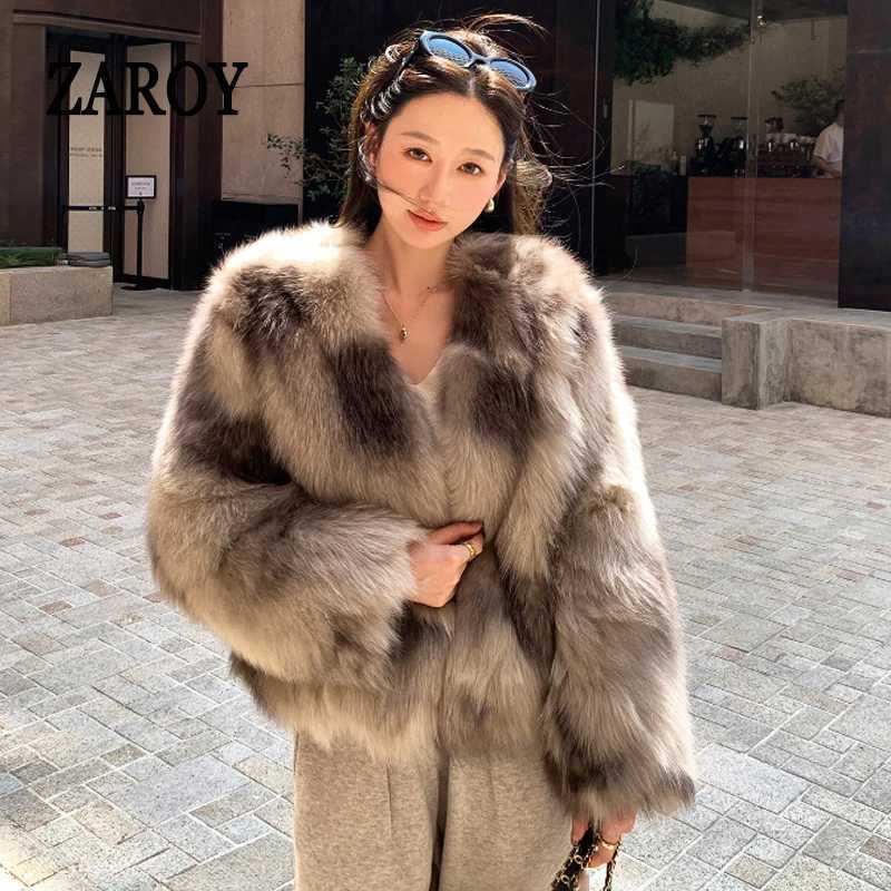 ZAROY Gradient Faux Fur Coat Winter Long Sleeve V Neck Open Stitch Thick Warm Outerwear Fluffy Artificial Fox Fur Jacket T251201
