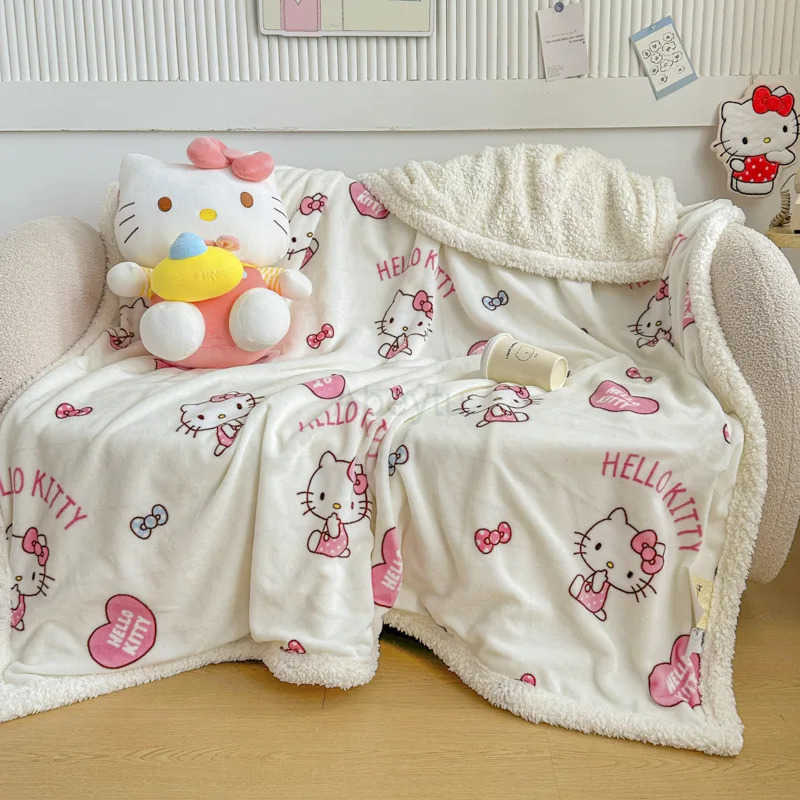 Sanrio Kawaii Kuromi Hello Kitty Autumn Winter Velvet Childrens Cartoon Cute Blanket Milk Velvet Thick Quilt Girls Gifts Toys H251201