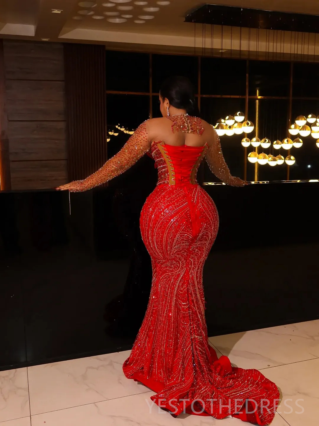 Plus Size Red 2026 Prom Dress Mermaid Evening Dresses For Black Women Beaded Lace Crystals Flora Illusion Long Sleeves Birthday Dress Second Reception
