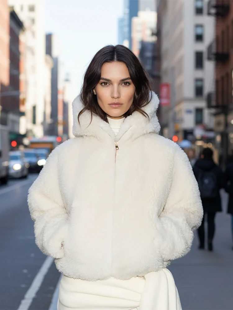chic Fluffy Hooded Short Faux Fur Coat Women Casual Solid Full Sleeve Zipper Pocket Loose Warm Jacket Lady Winter Commute CoatsT251201