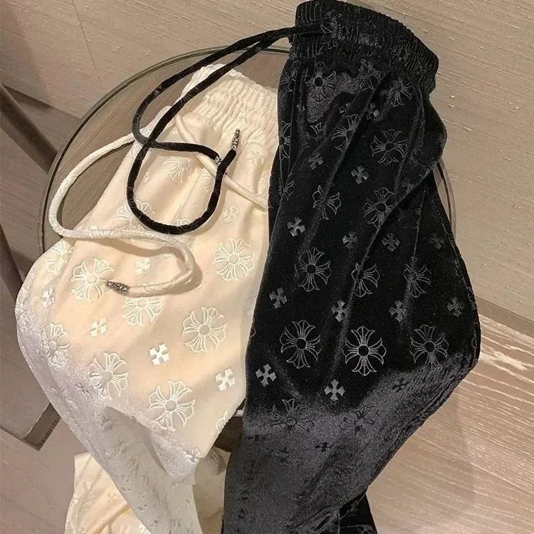 Women color block elastic waist logo letter print velvet fabric autumn new designer long pants trousers SMLXLXXL3XL