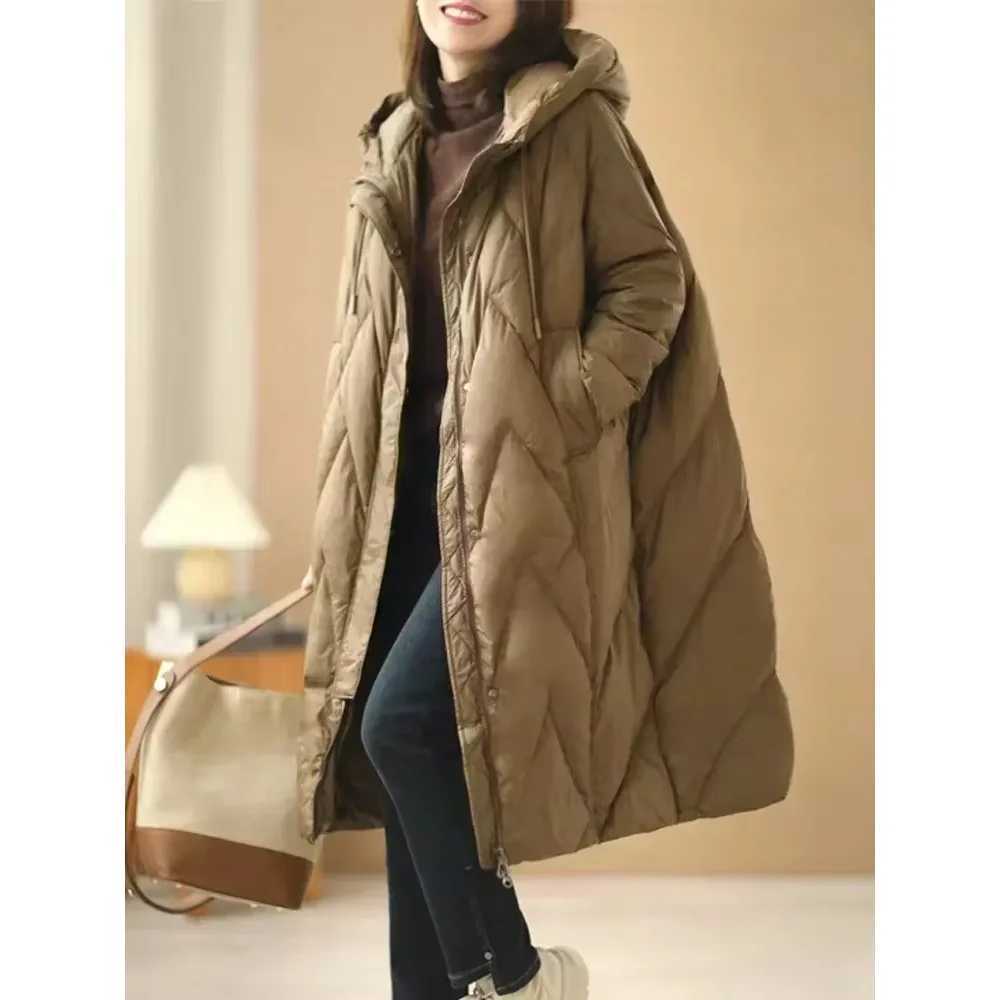 2024 Winter Fashion New Lady Loose Long Coat White Duck Down Jacket Women Overcoat Winter Hooded Puffer Feather Parkas FemaleT251201