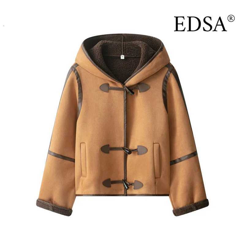 EDSA Women Hooded Faux Fur Jacket Coat Loose Button Lamb Wool Full Sleeve Jacket 2025 Autumn Winter Warm Thicken OutwearT251201