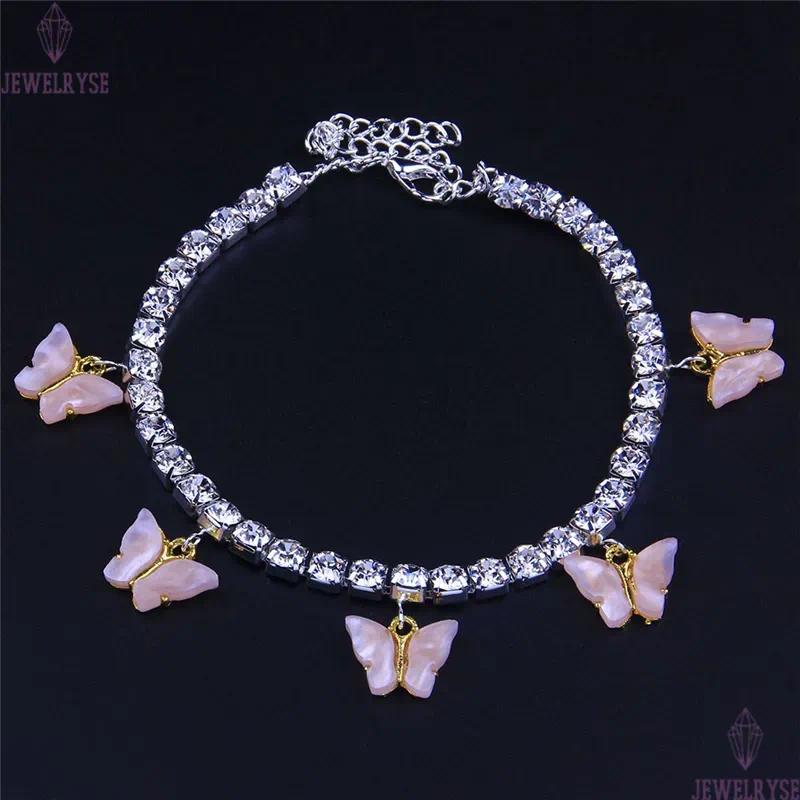 Acrylic Butterfly Women Anklets Iced Out Tennis Chain Leg Bracelet Rhinestone Silver Gold Animal Pendant Charms Fashion Beach Feet Jewelry