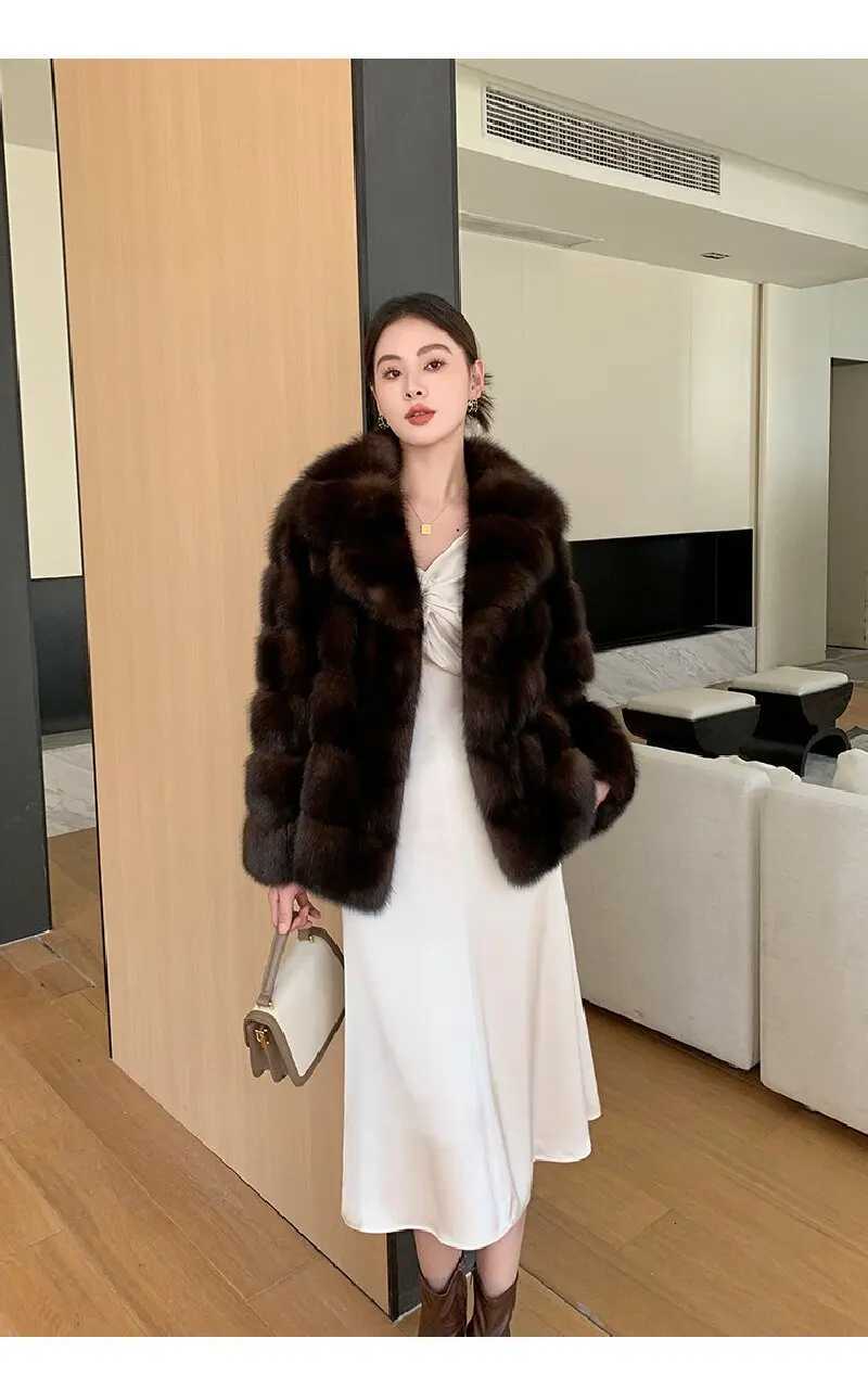 2025 Winter Womens New Dark Brown Mink Fur Lapel Fur Short Outwear Ladylike Luxury Fashion Classy Outwear Environmentally Friendly Fur Top Must-Have I