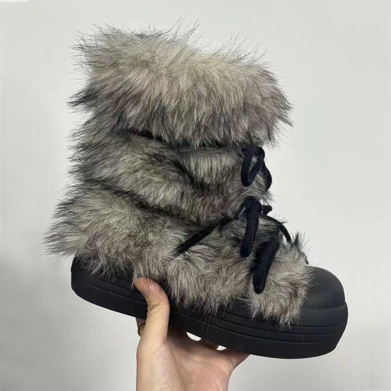 French style thick soled high boots for women new autumn and winter style lined with fleece for warmth mid-calf boots retro fur boots Doc Martens styl