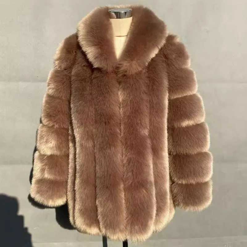 2025 Winter Womens Mid-Length Faux Fox Fur Coat Plush Luxe Warm faux fur Trench Elegant Thermal Outerwear Faux Fur TopsT251201