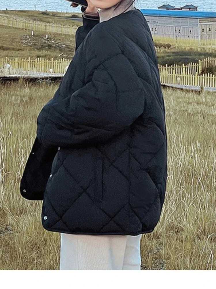 New in Winter Cotton-Padded Jacket for Women New Versatile Lightweight Rhombus Plaid Cotton-Padded Jacket Simple and StylishT251201